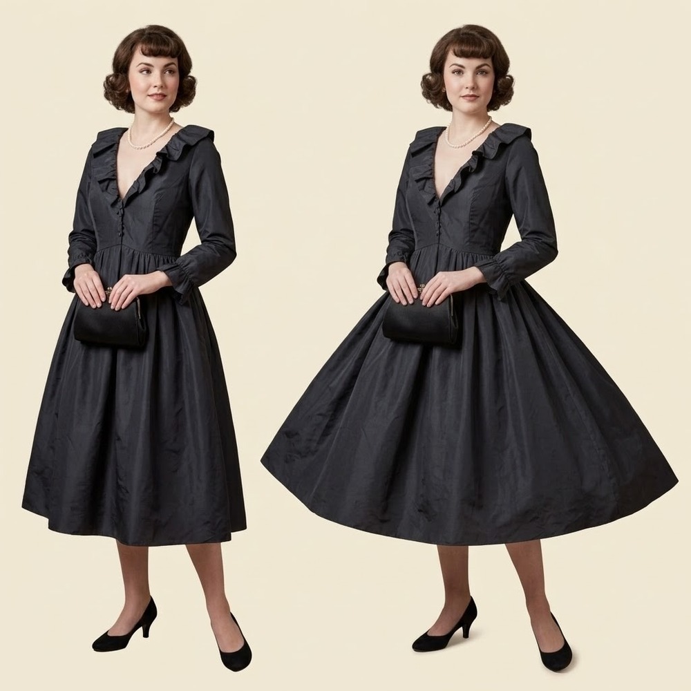 Vintage Ceil Chapman Black Silk Taffeta Ruffle Portrait Collar Cocktail Dress